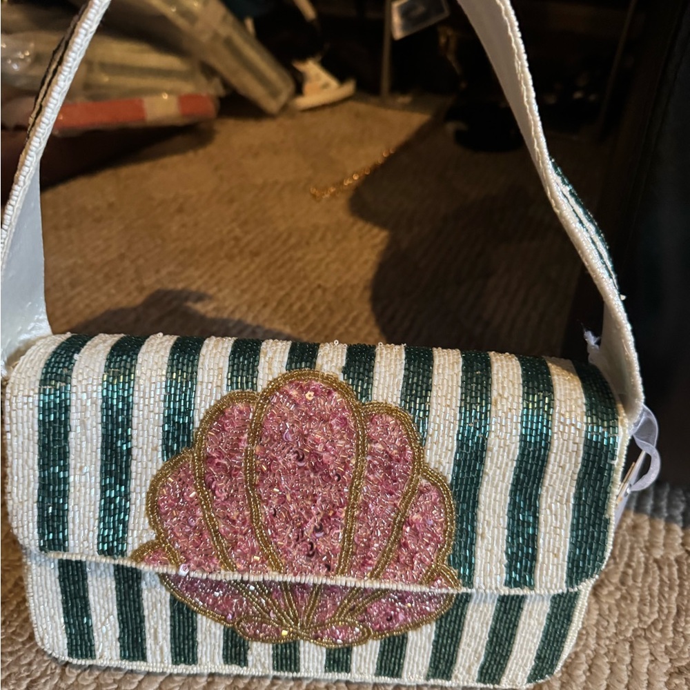 Striped Beaded Shell Design Women's Bag